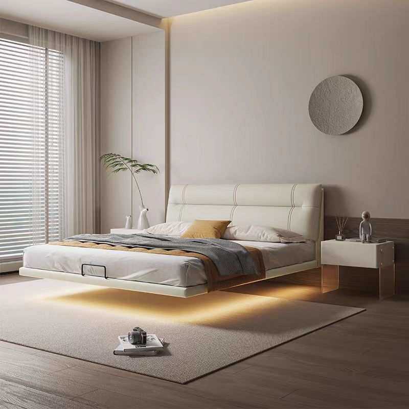 小户型悬浮床现代简约主卧室大床意式轻奢床双人床实木皮艺床婚床