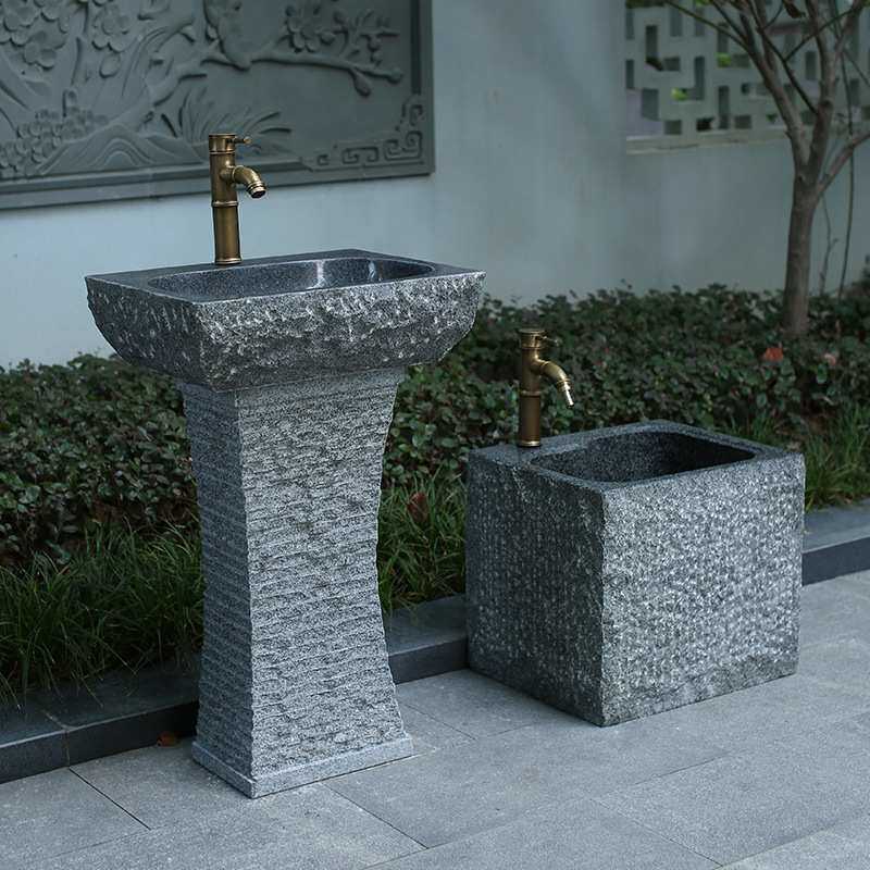 庭院石头洗手台盆一体户外石材洗脸盆阳台花园水池落地艺术立柱盆