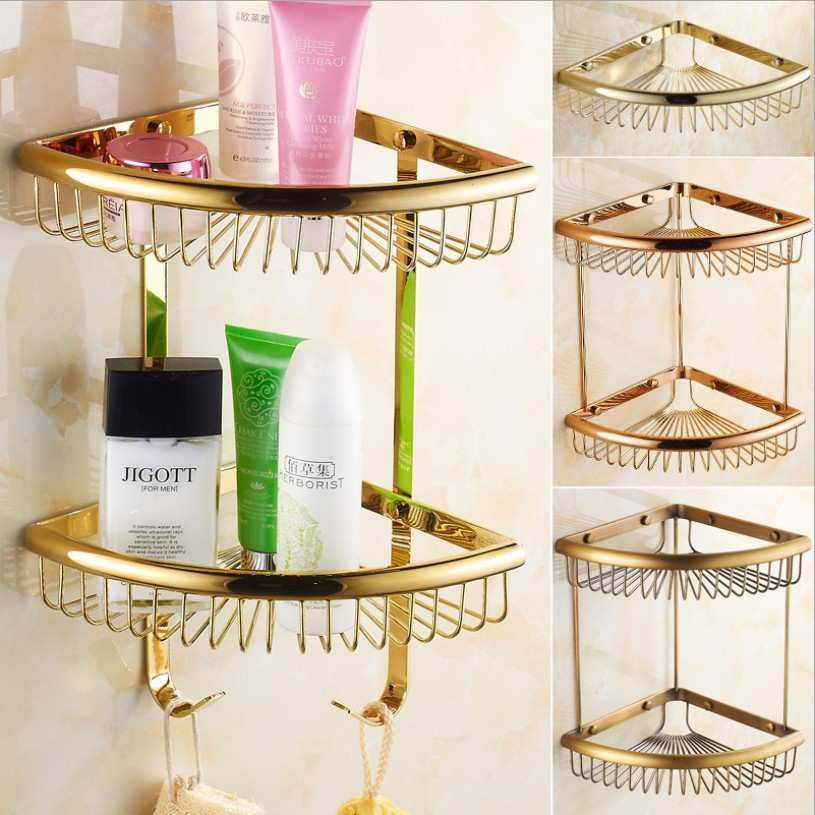 全铜三角篮欧式卫生间转角架浴室金色网篮双层钛金置物架挂件壁挂