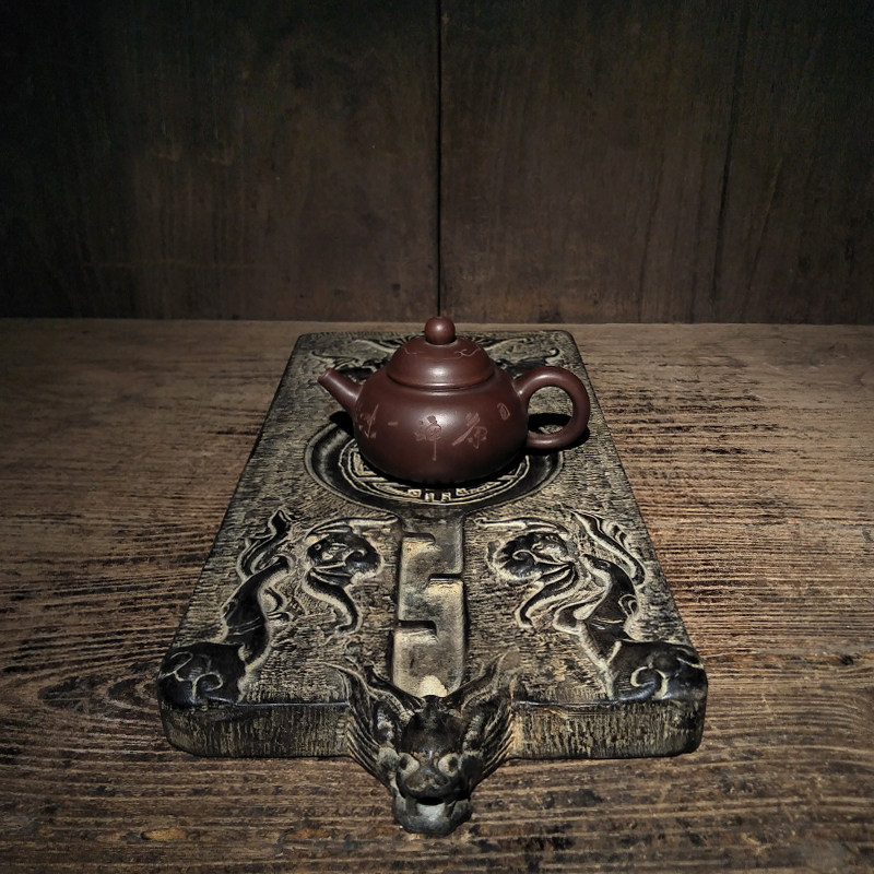 仿古石雕青石民俗怀旧五福临门兽头流水茶盘案头家用中式装饰摆件