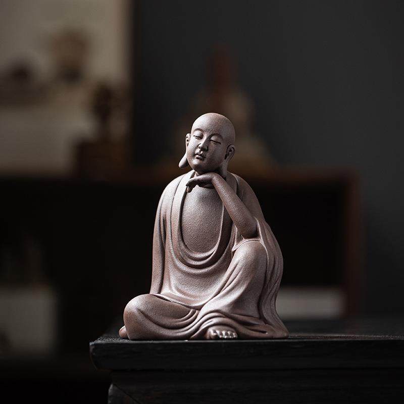 中式禅意紫砂小和尚摆件创意陶瓷人物家居客厅茶室茶桌面装饰摆设