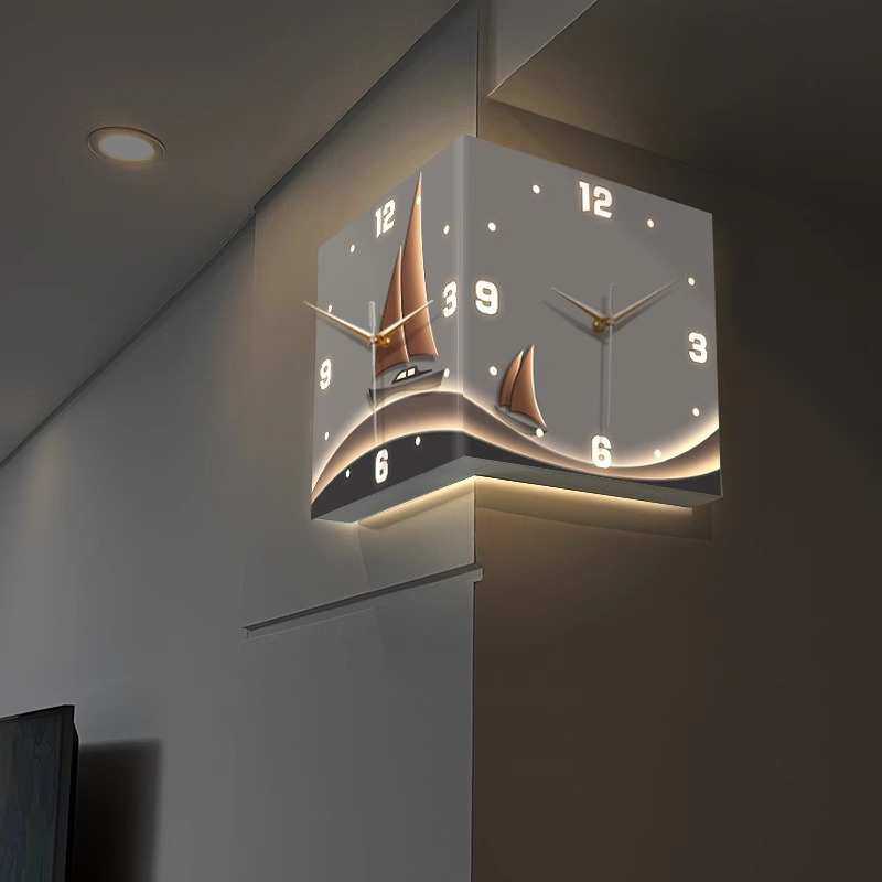 一帆风顺双面转角挂钟客厅免打孔创意led时钟表挂墙静音拐角壁钟,3C数码配件,摄像机配件,淘宝优惠券,粉丝福利购,淘宝优惠卷