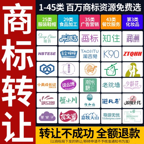 商标转让服务1-45商标购买即买即用现成商标出售过户交易注册个人