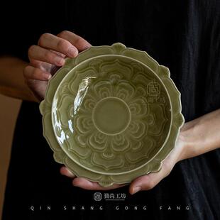 北溪堂耀州窑泽芝纹盘手工浮雕功夫茶具壶承家用陶瓷茶点盘果盘