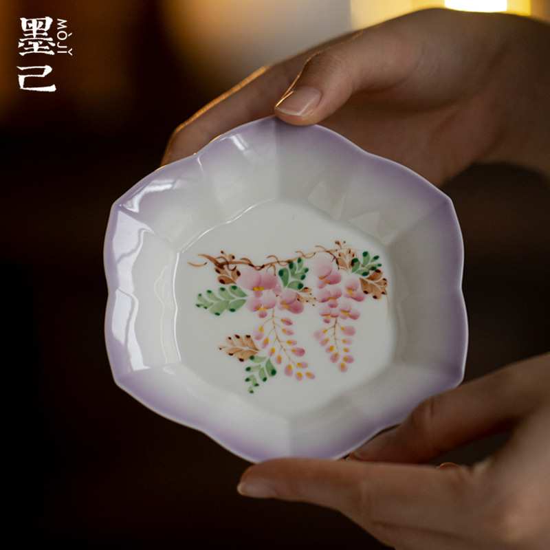 墨己玉泥陶瓷六方壶承茶道配件家用手绘紫藤花干泡盘花口茶点盘