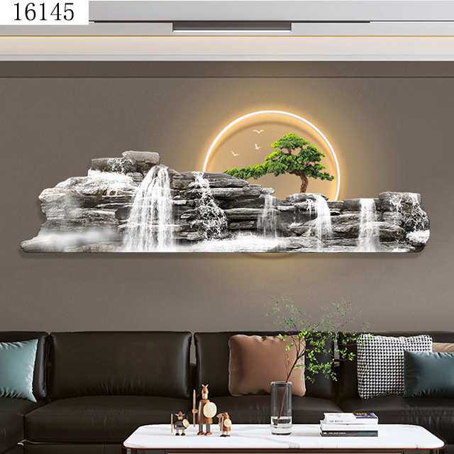 流水生财客厅装饰画带灯新中式麋鹿沙发背景墙壁画迎客松发光壁饰
