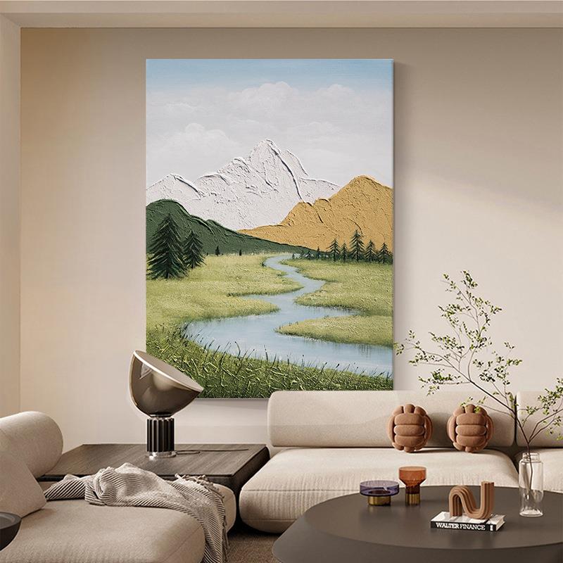 侘寂风客厅玄关手绘油画装饰画风景山水雪山酒店高级感肌理画挂画
