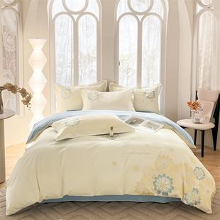 2025新款全棉刺绣双拼四件套-绽放花园蝴蝶-天空蓝