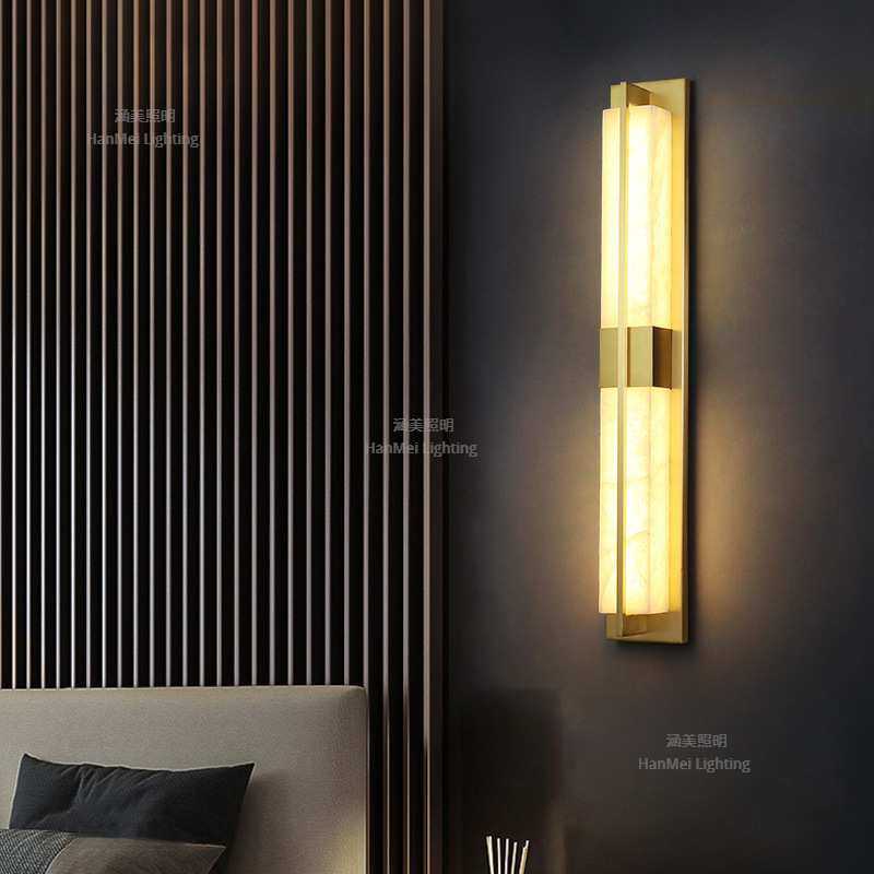 新中式云石壁灯现代客厅电视背景墙灯长条全铜室外走廊卧室床头灯