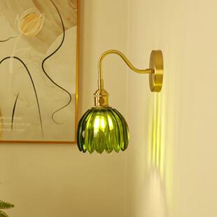 美式复古玻璃壁灯带开关法式轻奢绿色卧室床头灯全铜客厅背景墙灯