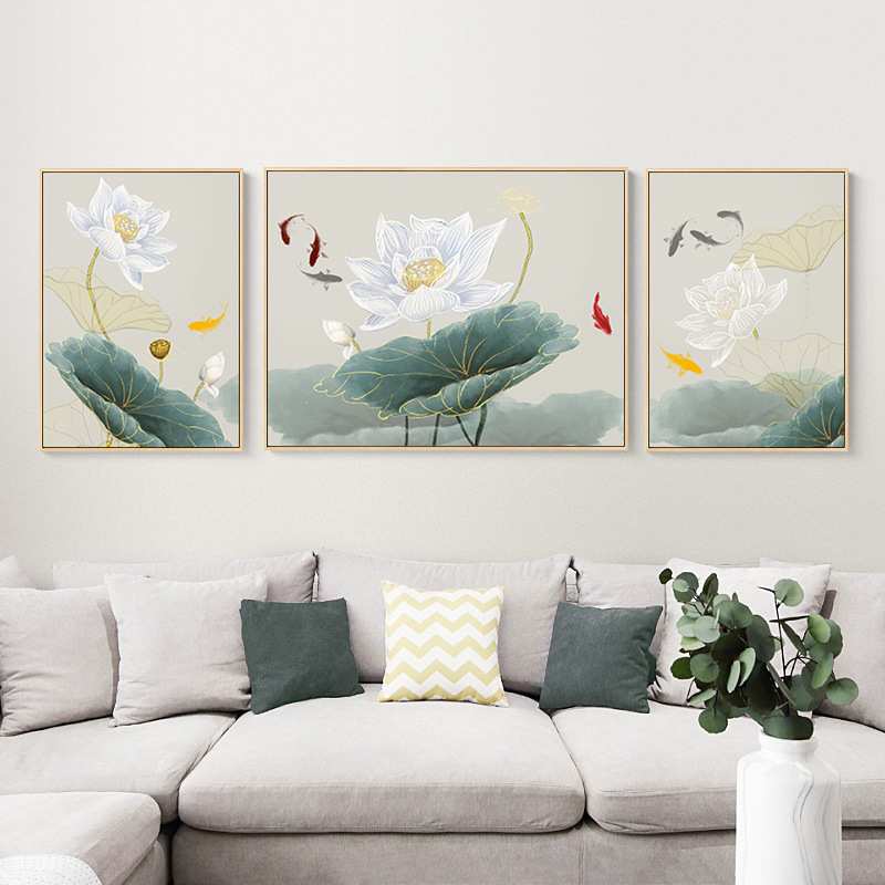 2026新款钻石画满钻5d荷花九鱼图客厅水晶点贴砖三联画十字绣2026