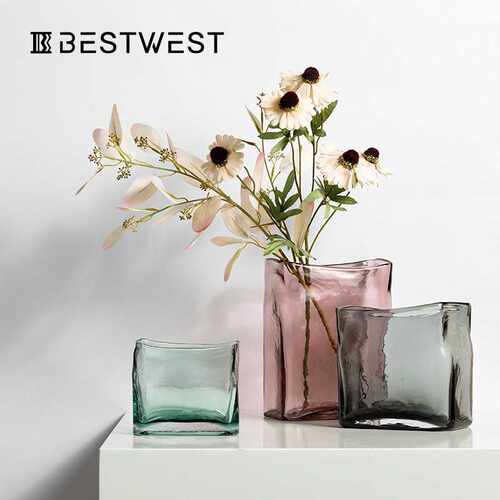 Best west 冷灰色透明水培玻璃花瓶摆件 样板房餐桌创意装饰花器