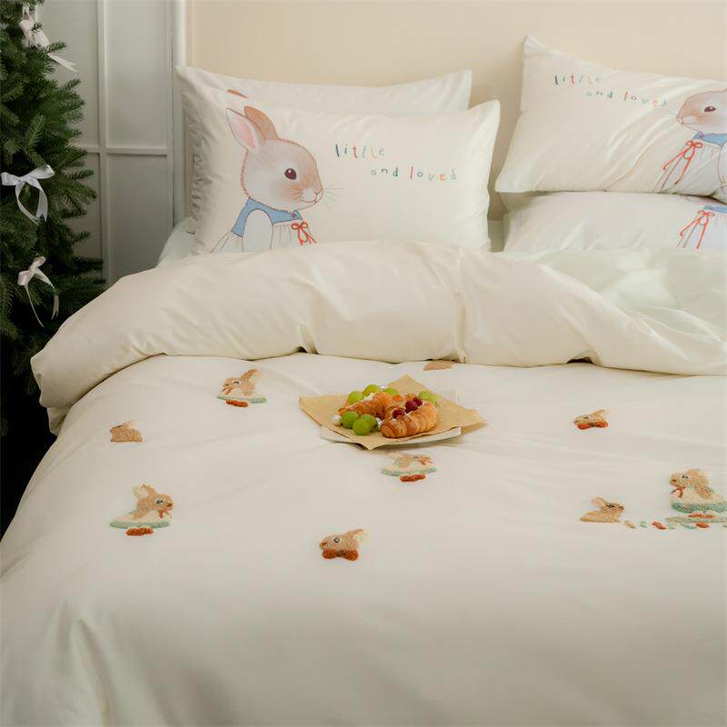 卡通风100S全棉长绒棉四件套童趣可爱毛巾绣被套纯棉1.8m床单床品