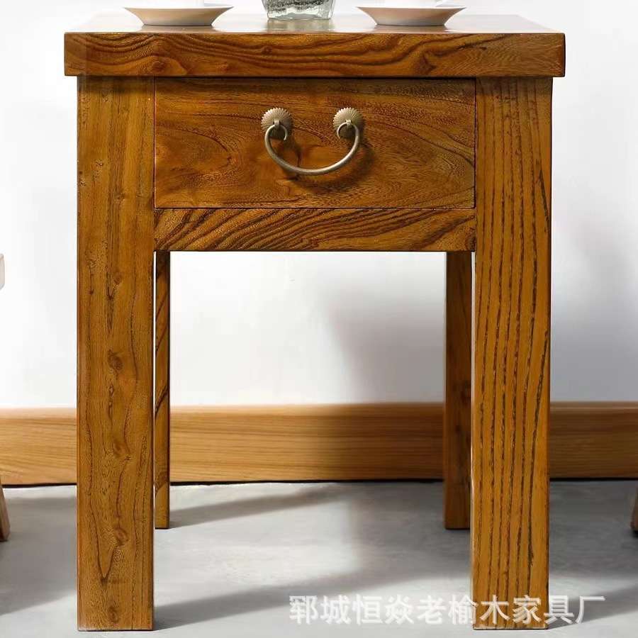 老榆木茶桌客厅沙发小茶几民宿双人洽谈桌正方形角几复古榆木家具