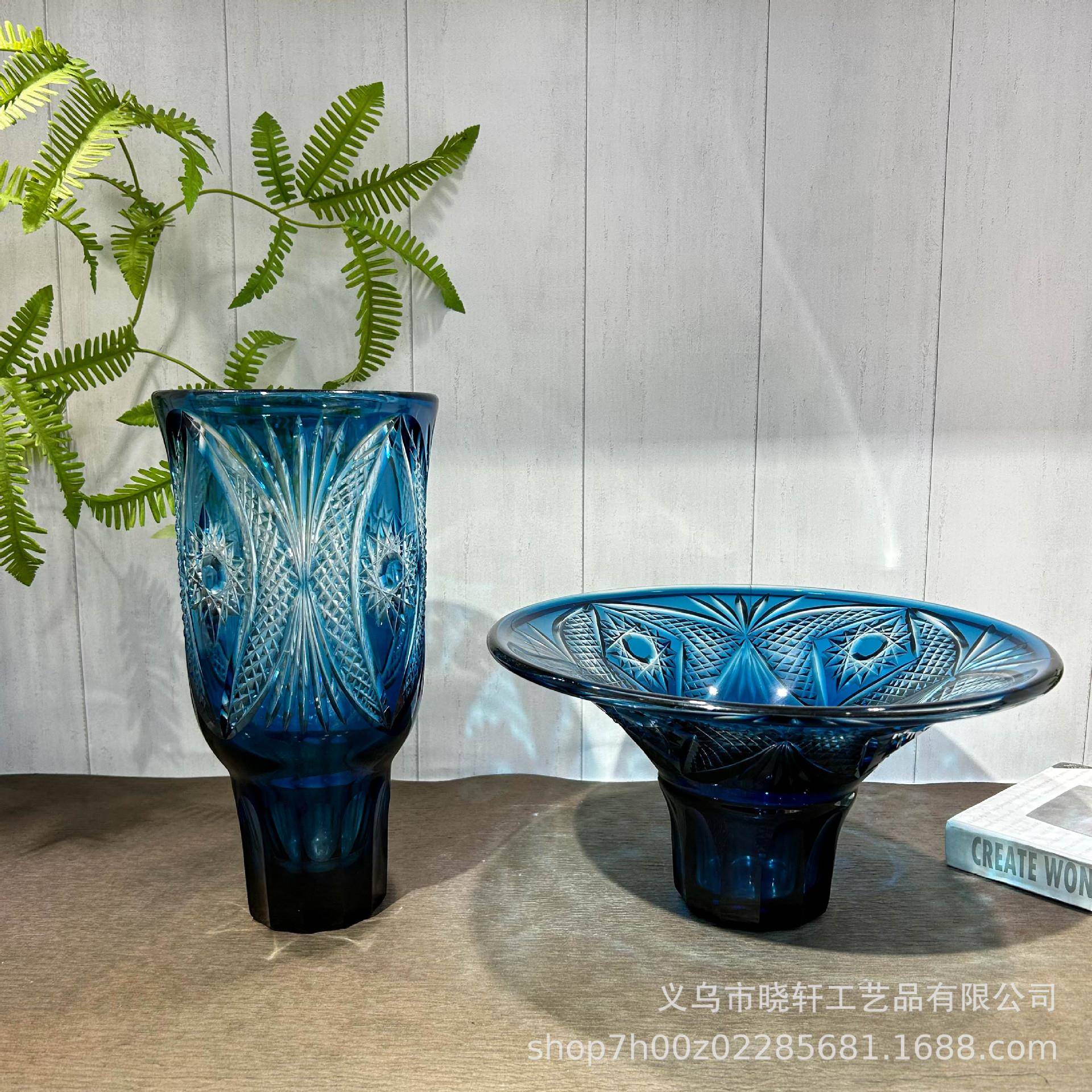 高档艺术手工雕刻水晶琉璃花瓶果盘套装高端别墅电视柜玄关摆件