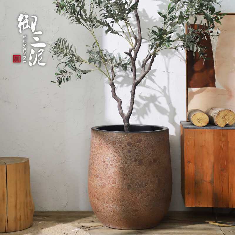 御三泥粗陶现代北欧花盆复古红陶釉色大号花瓶绿植种植盆装饰摆件