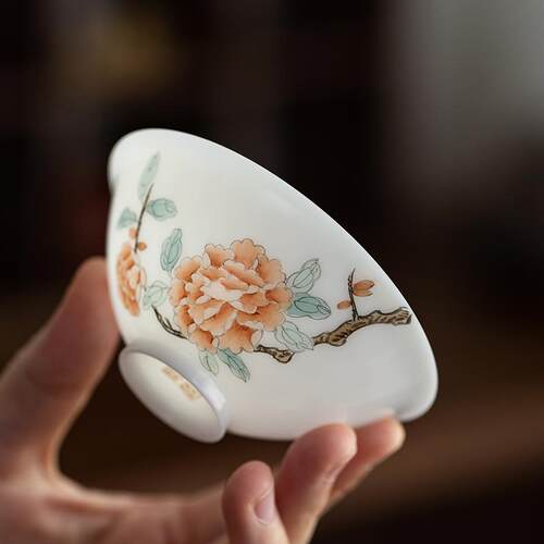 白皙玉泥手绘主人杯白瓷蝴蝶花卉斗笠杯薄胎茶杯家用办公室品茗杯