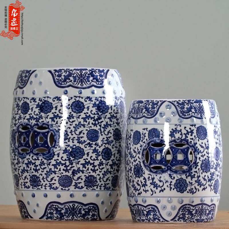 陶瓷青花瓷换鞋凳鼓凳梳妆凳子新中式仿古鼓墩坐墩矮凳圆凳雕花