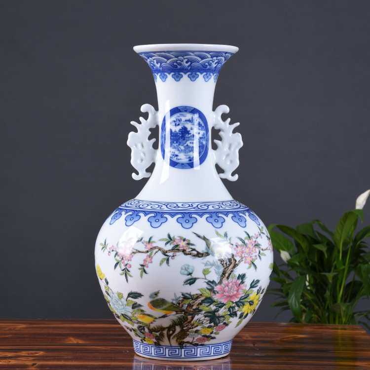 现代简约田园花瓶摆件 电视柜装饰品青花双耳复古陶瓷饰品