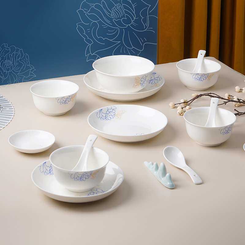 松发瓷器蓝宝牡丹中式宴席碗碟盘套装陶瓷餐具家庭聚会餐具盘摆台