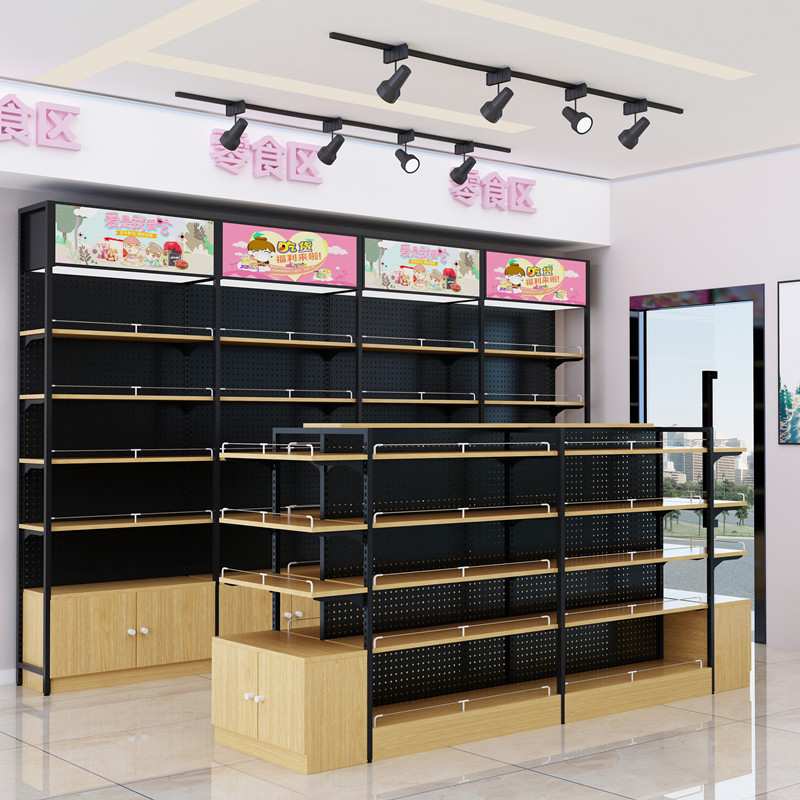 钢木超市货架母婴展示架零食文具店木质中岛便利店酒行双面货架