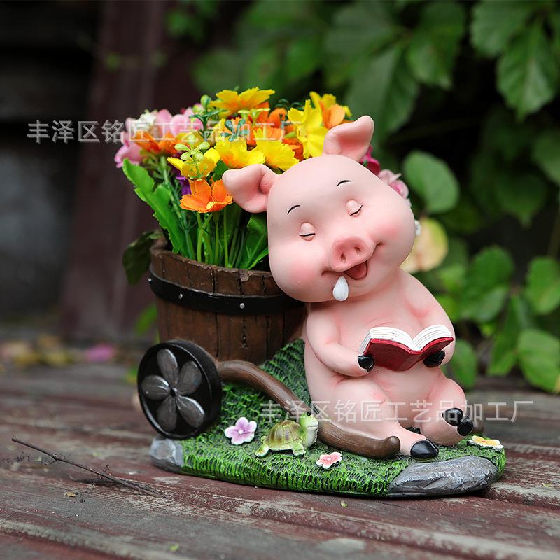 卡通动物树脂可爱小猪多肉花盆收纳筒户外花园庭院装饰摆件工艺品
