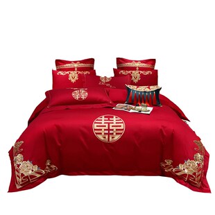 高档婚庆全棉绣花四件套结婚大红色纯棉被套喜字主卧中式 婚嫁床品