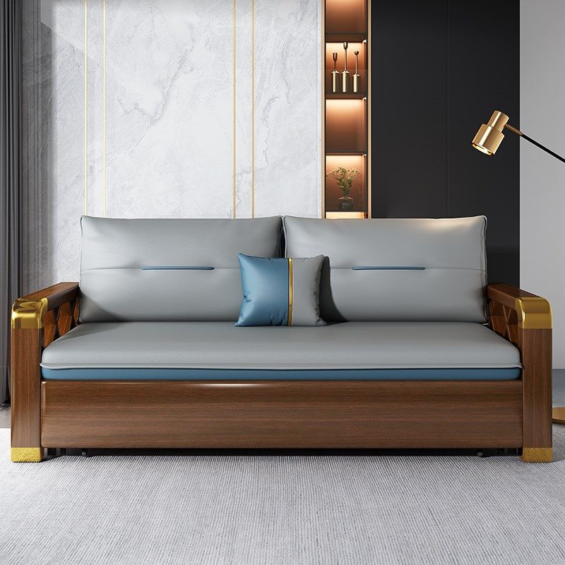 实木沙发床坐卧两用可折叠客厅多功能小户型推拉储物新中式款