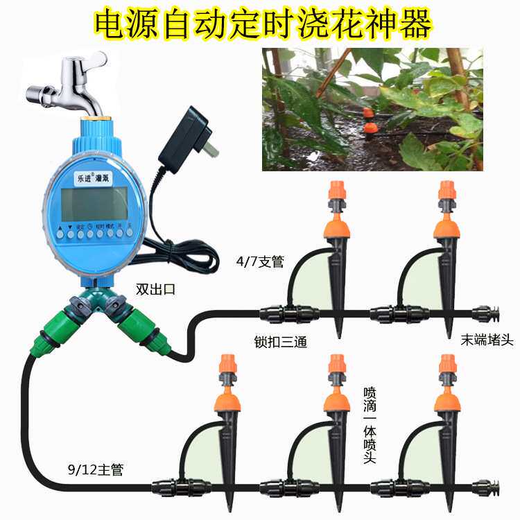 插电电源双出水自动浇花器浇水定时微喷水管喷雾地插喷头