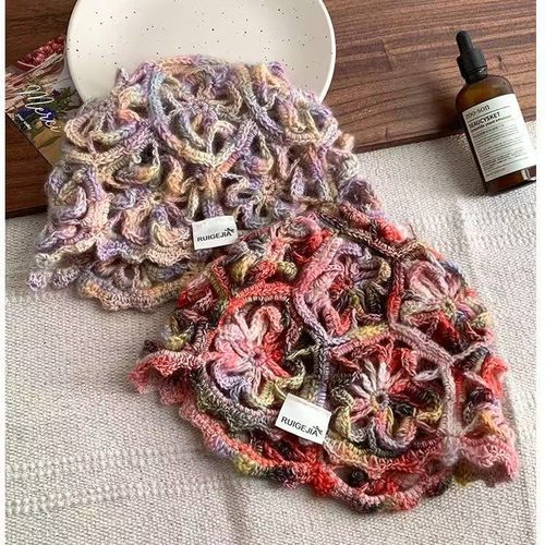 手工编织花朵渐变针织套头帽女2025新款春冬镂空透气包头帽显脸小