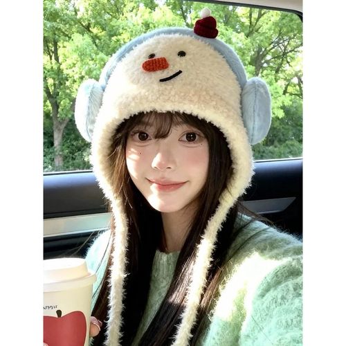 日系可爱卡通毛绒针织帽子女秋冬时尚保暖加厚护耳雷锋帽毛线帽潮