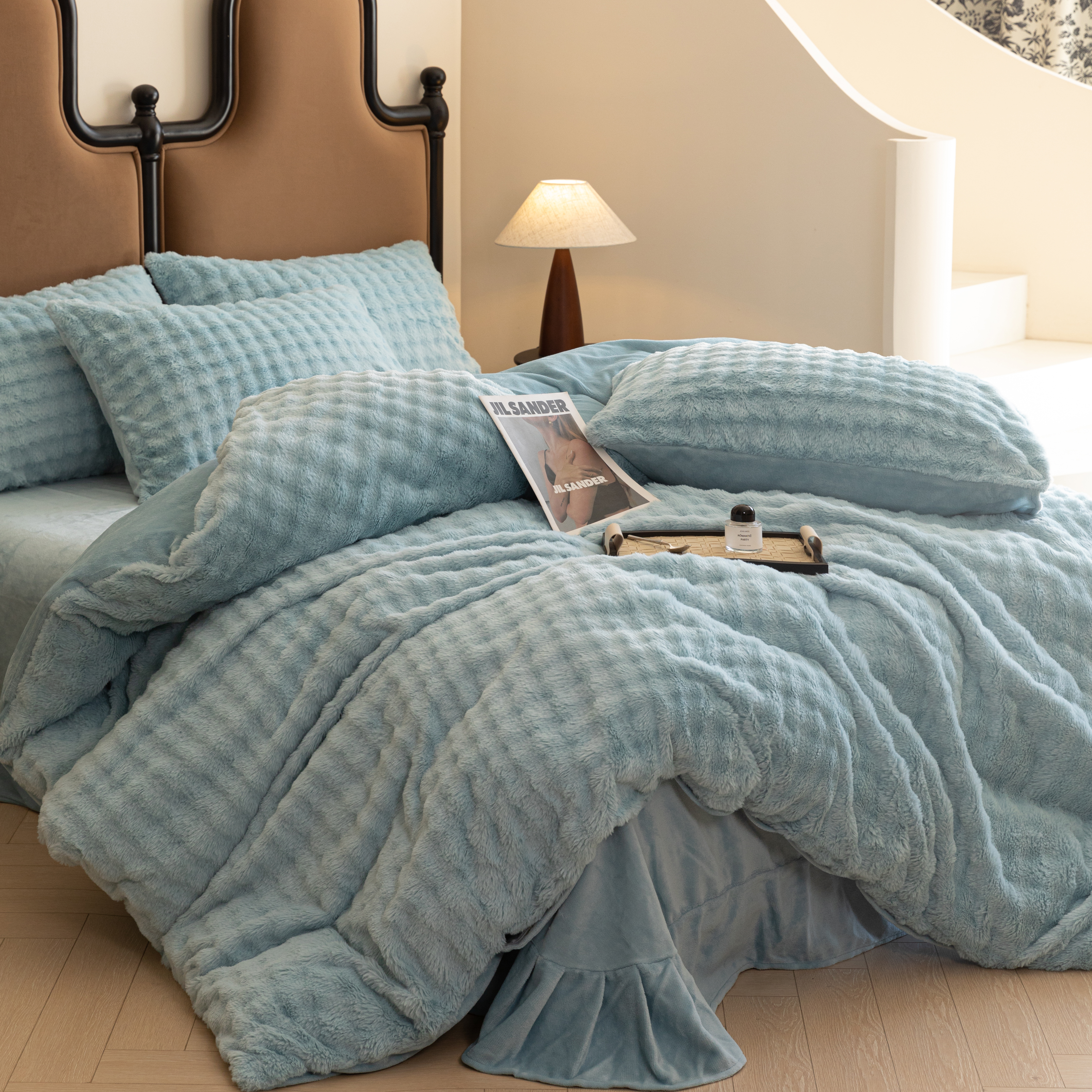 无印独白冬季兔绒雕花绒AB面四件套床单双人被套加厚四件套XPZ2