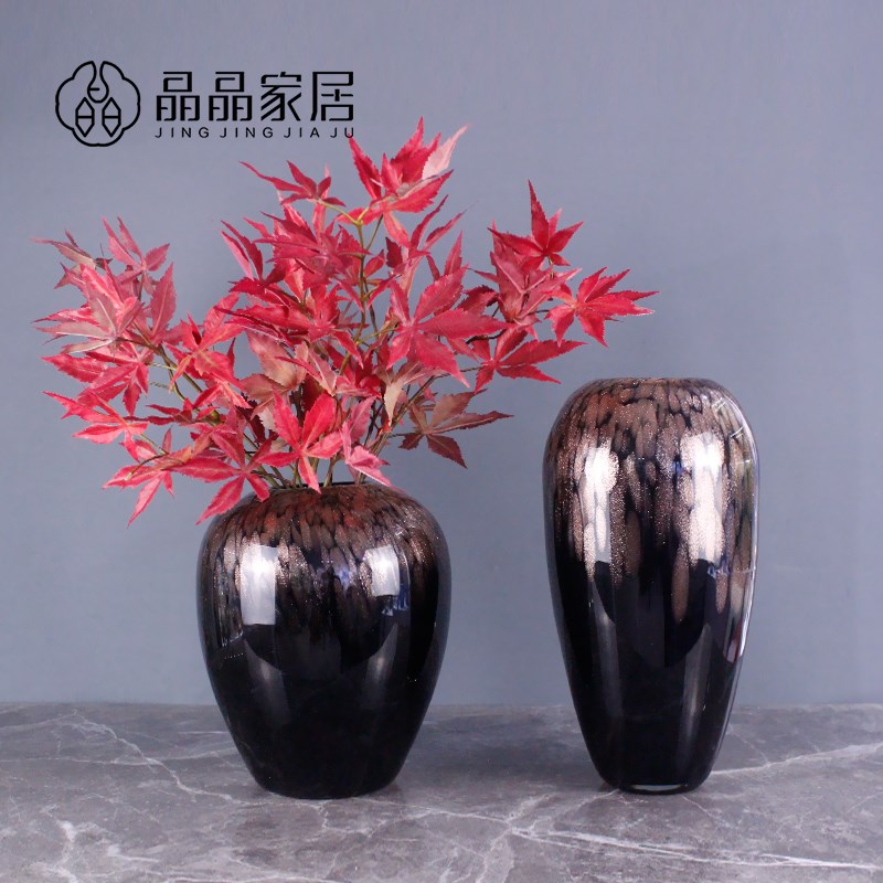 晶晶家居黑色金星玻璃创意桌面摆件中式样板房酒店玄关插枫叶花瓶