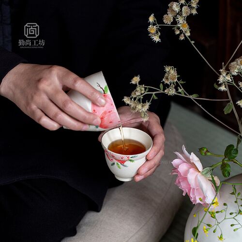 诧寂风粉引手绘寿桃葫芦杯 家用陶瓷品茗杯主人杯功夫茶具小茶杯
