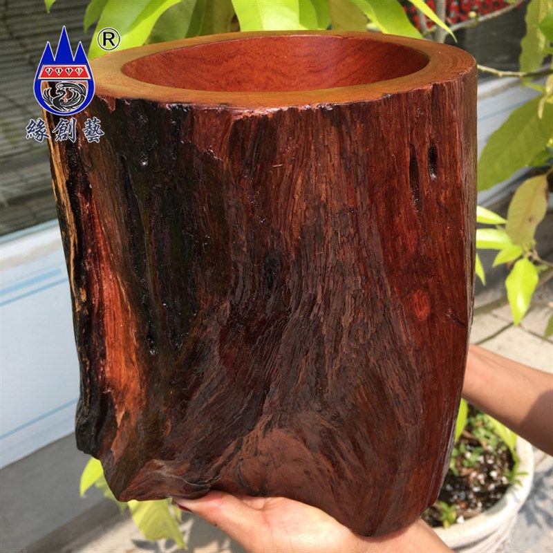 红木树根雕笔筒缅型花梨艺插一物一图实木整木老料随甸工笔品摆件