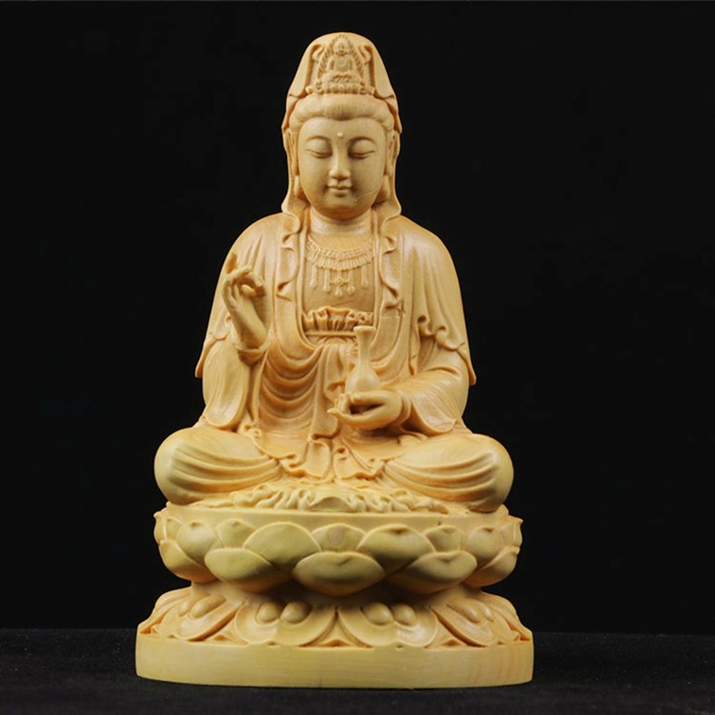 黄品精杨木雕汽车饰品像件平安车饰佛摆礼品雕刻工艺实木坐莲观音