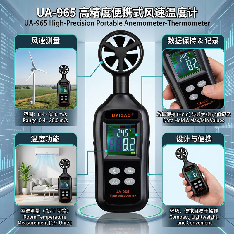 便携式数字风速检测仪带温度测量智能式风速计高精度温风双显
