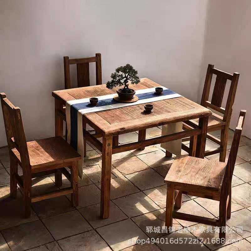 北方实木桌子老榆木正方形餐桌民宿饭店风化板泡茶桌老门板八仙桌