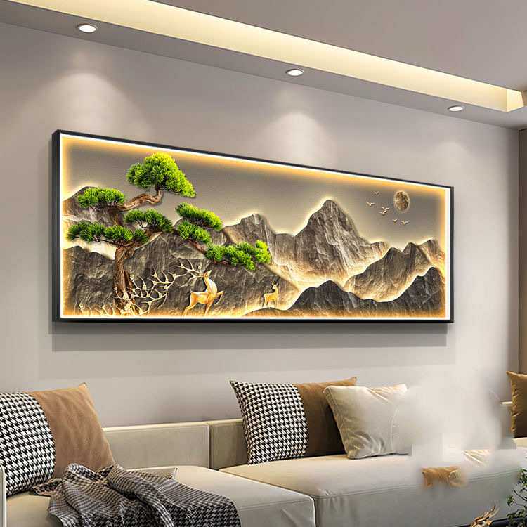 背有靠山茶室客厅led灯挂画横幅迎客松大厅墙壁画沙发背景装饰画
