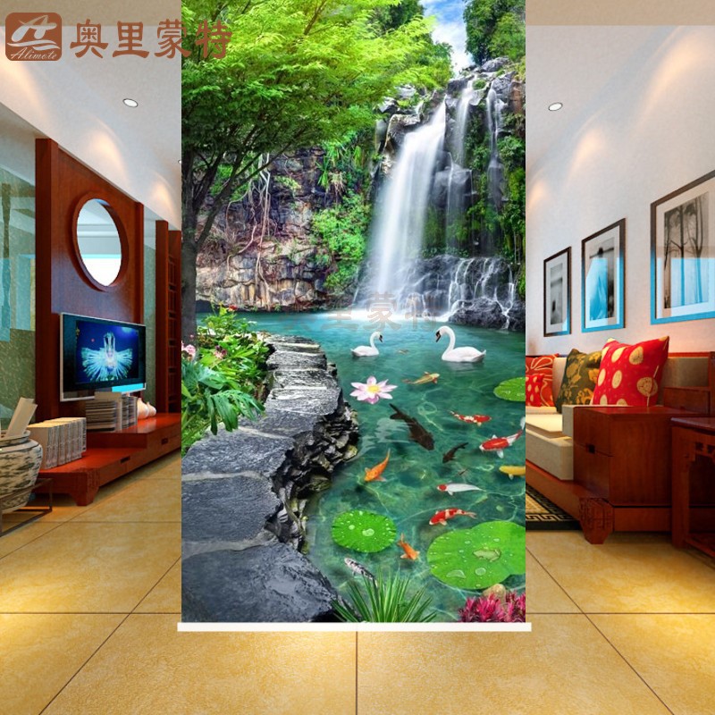 3D立体山水风景画荷花锦鲤窗帘隔断全遮光隔热防水油手拉升降卷帘