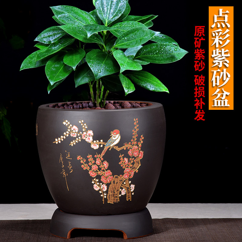 精品紫砂花盆四方六方梅花君子兰客厅高档精品手工点彩陶景盆瓷盆