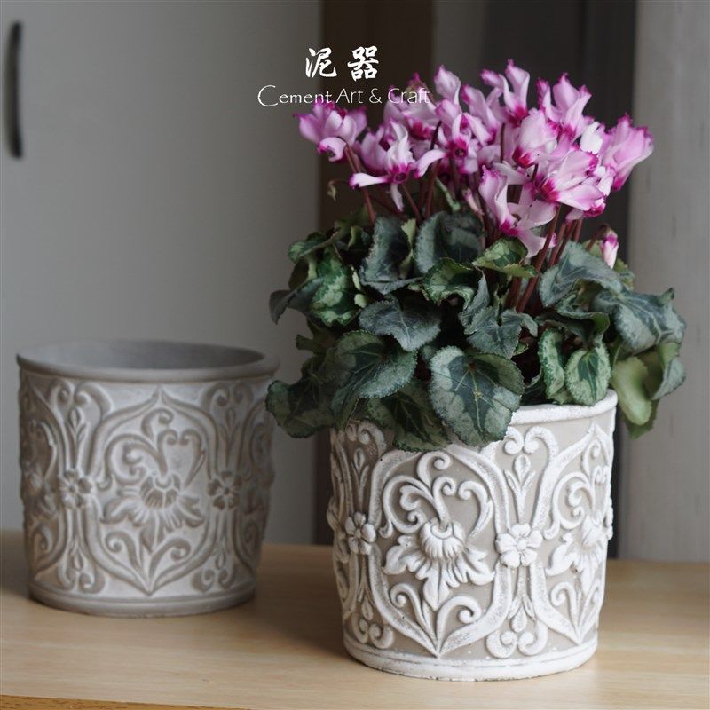 泥器创意个性文艺欧式浮雕白色圆形多肉水泥花盆透气客厅桌面阳台,家居饰品,花盆,淘宝优惠券,粉丝福利购,淘宝优惠卷
