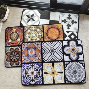 特 地中海格子地砖花纹吸水防滑地垫卧室门垫入户地毯复古花砖垫