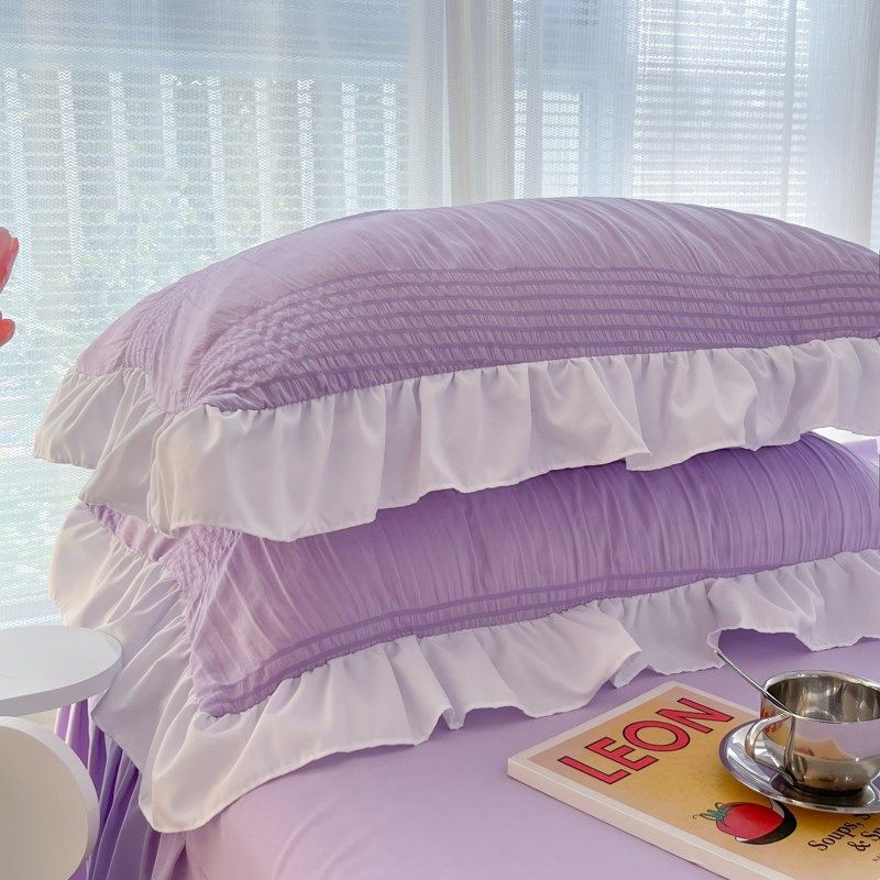 春夏水洗棉泡泡纱荷叶边紫色枕套一对装韩式公主风蕾丝花边枕头套