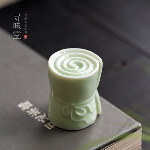 创意青瓷卷轴盖置壶盖托陶瓷功夫茶具配件茶桌茶道小摆件盖子托