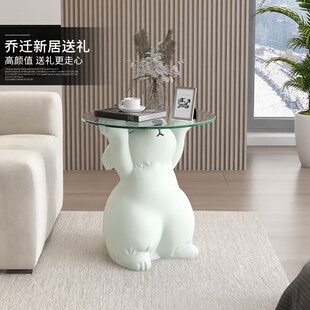 奶油风小猪茶几用地摆件客厅沙化旁钢发玻璃边几家落小桌子可移动