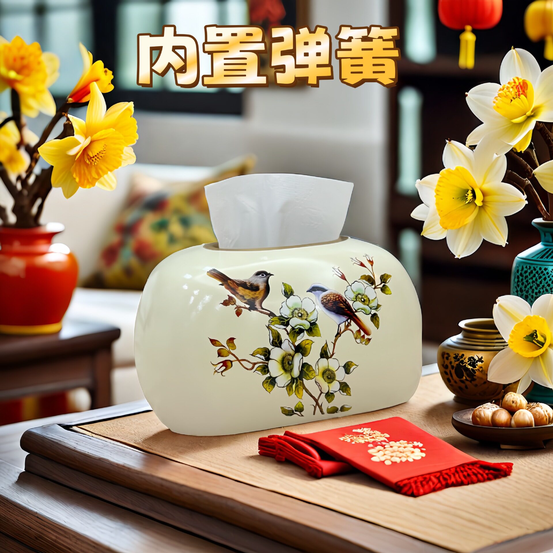 纸巾盒客厅新中式茶几餐桌摆件装饰创意乔迁礼品家用陶瓷纸抽盒