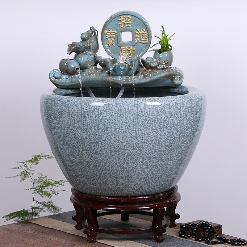 厅德镇陶瓷鱼缸家用流缸喷泉特大号养鱼盆荷花锦鲤水客景落地摆件