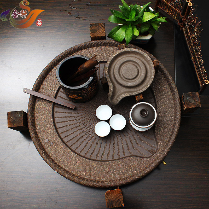 创意石磨茶盘家用茶海圆形排水式粗砂石头小茶台紫砂功夫茶具套装
