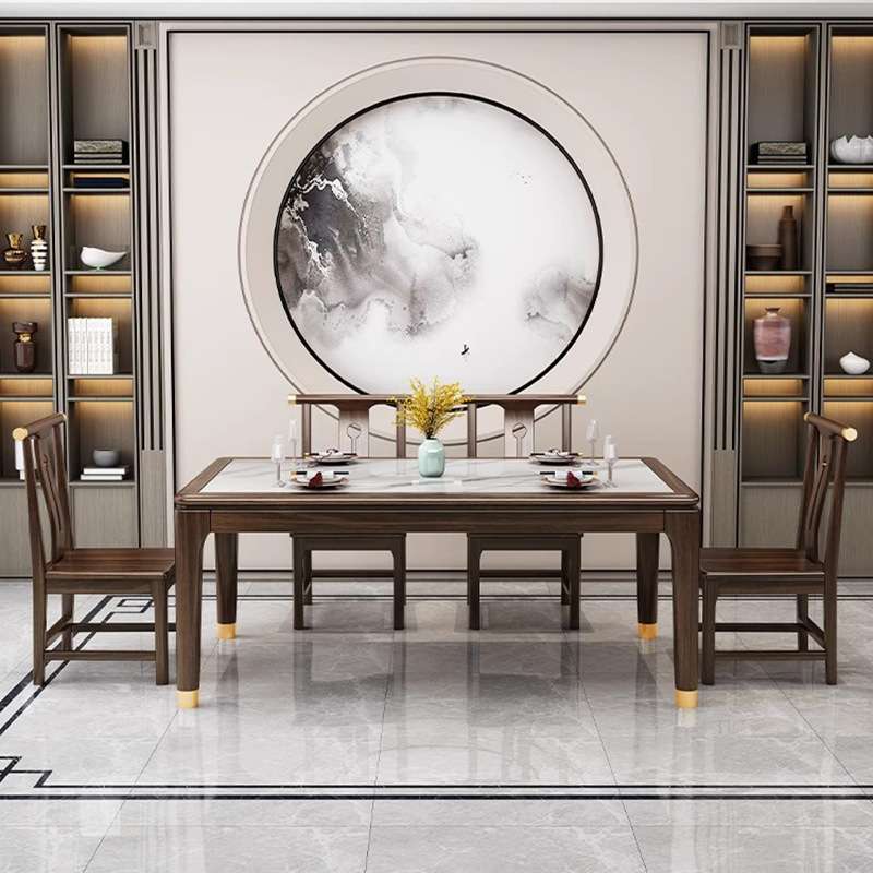 新中式轻奢乌金木实木餐桌椅组合长方形岩板小户型家用西餐厅家具